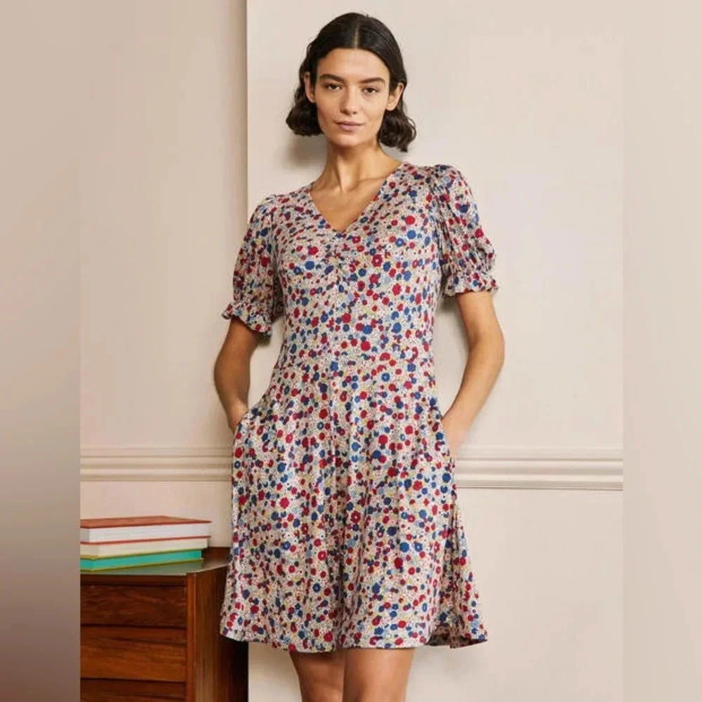 Boden Cream Mini Dress with Red & Blue Floral Print